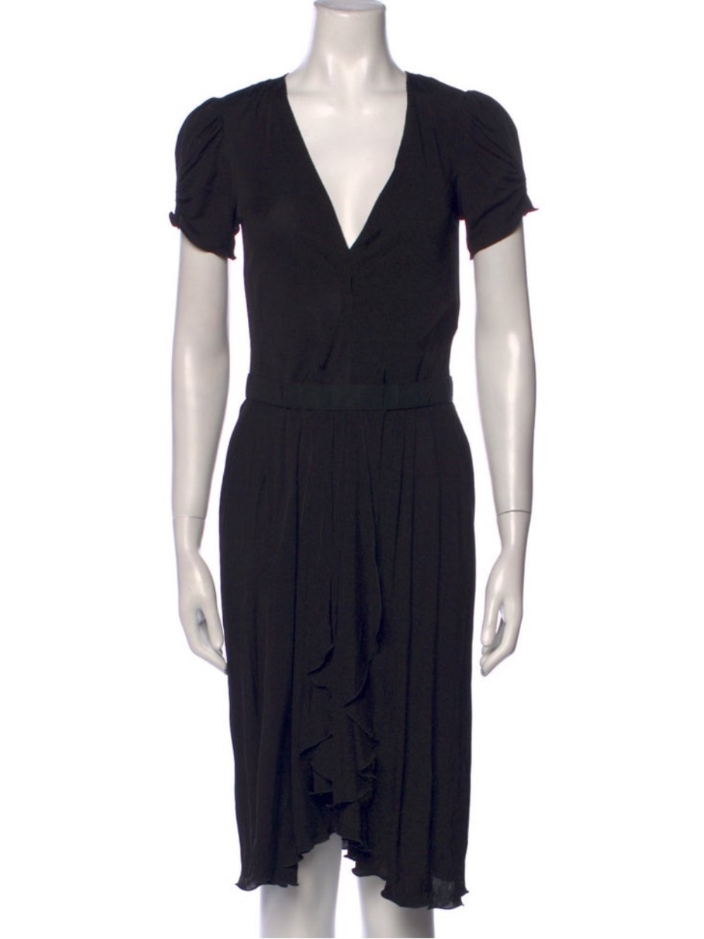Dolce & Gabbana Black Midi Dress with V-Neck and Ruffle Front